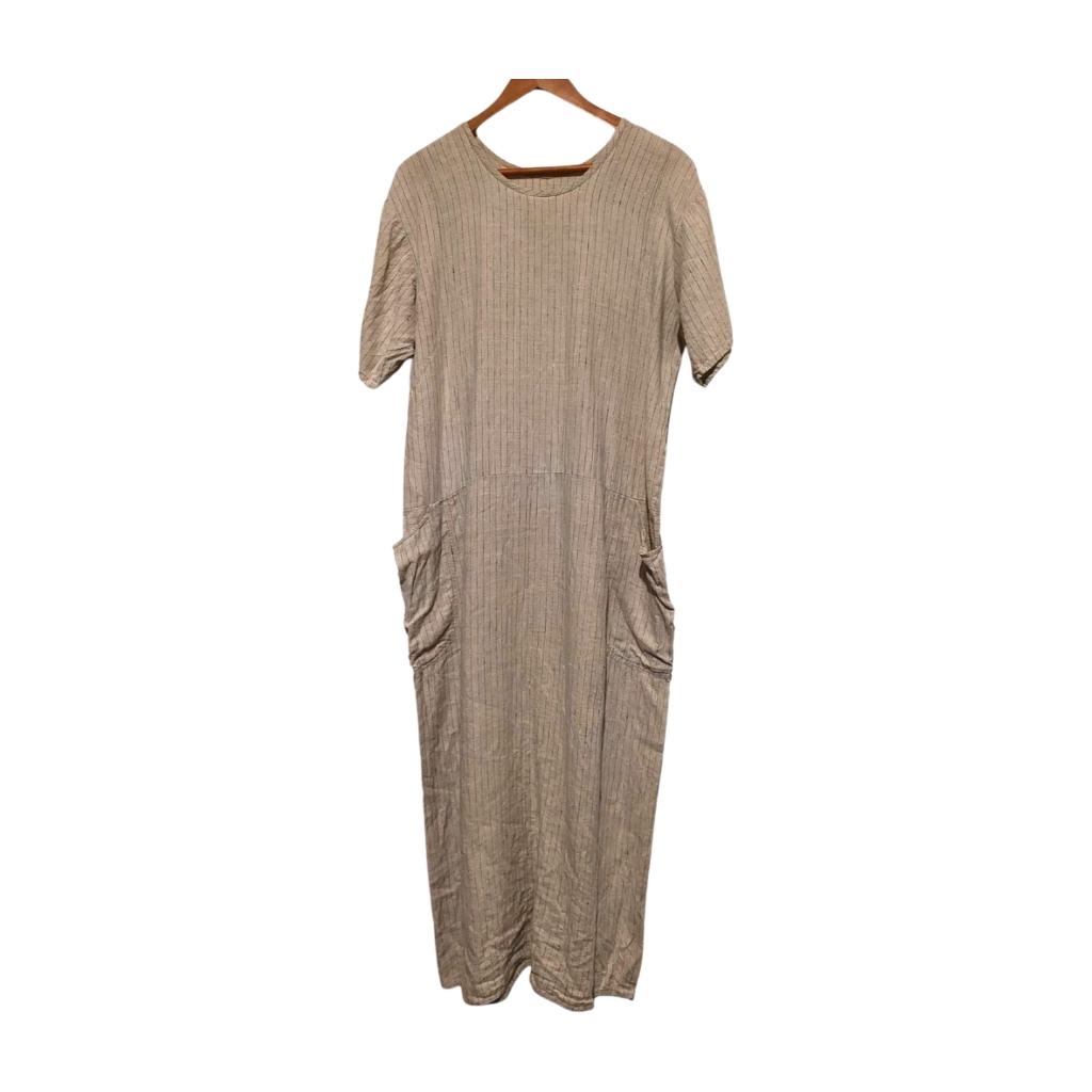 Vintage Flax Jeanne Engelhart Tan Pinstriped Linen Short Sleeve Dress Pockets M